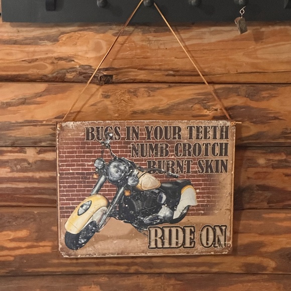 Vintage Motorcycle Sign Bugs In Your Teeth Numb Crotch Burnt Skin Ride On 16x12" - Picture 1 of 7